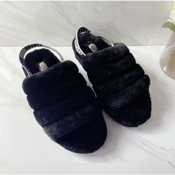 UGG Fluff Yeah Genuine Shearling Platform Slingback Sandal Slide Black US 7 - Picture 5 of 10